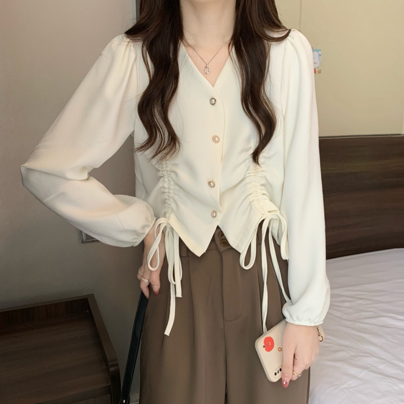 IELGY Áo Sơ Mi Dài Tay Cổ Chữ v Phối Dây Rút Phong Cách Pháp Thời Trang Dành Cho Nữ
