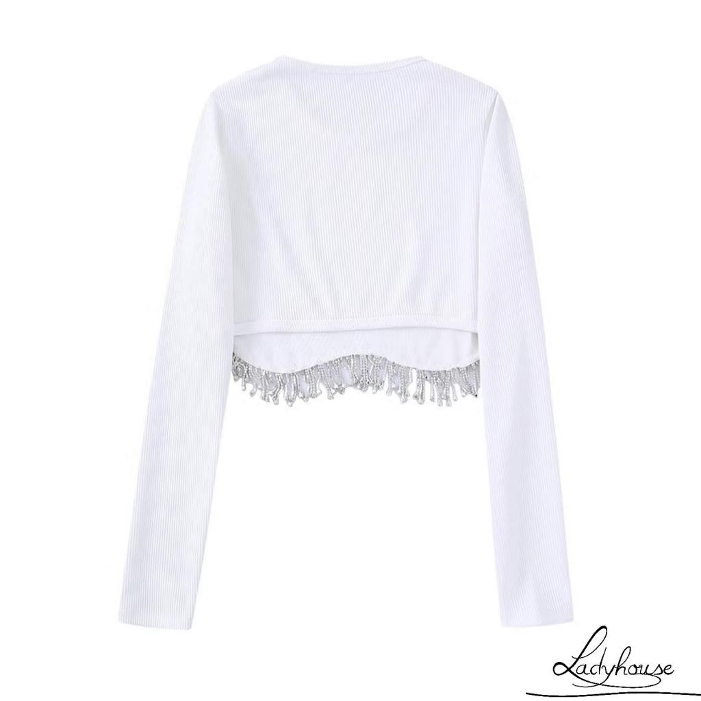 Áo Kiểu Tay Dài Cổ Tròn Phối Tua Rua Màu Tương Phản Thời Trang Xuân Thu Cho Nữ