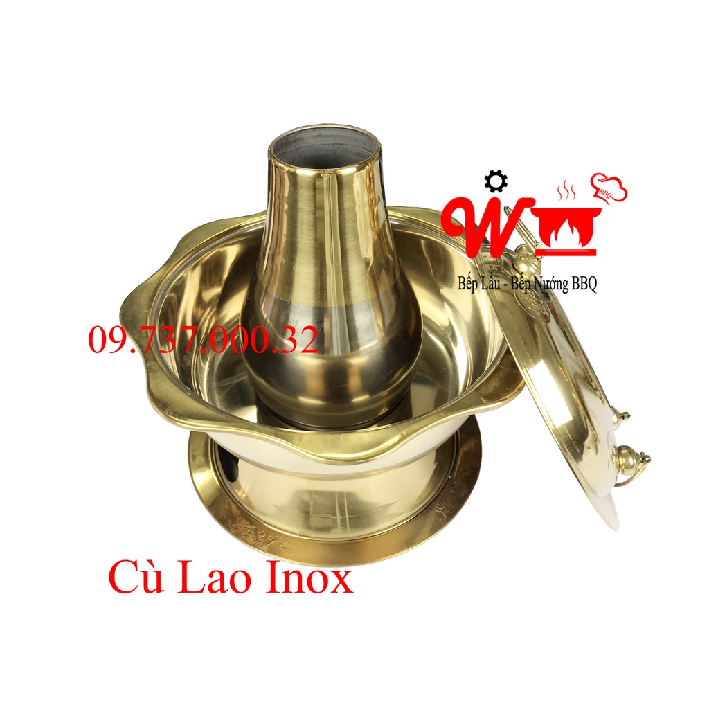 Lẩu cá dân ích, cái cù lao inox 304, nồi nấu lẩu bằng than, bếp lẩu cù lao màu vàng cánh hoa