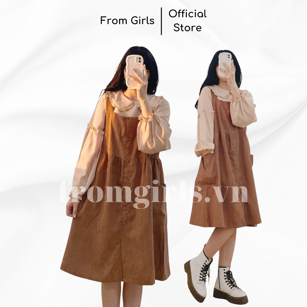 Set váy yếm babydoll vintage nhung tăm dáng rộng có túi và áo sơ mi dài tay - SM34