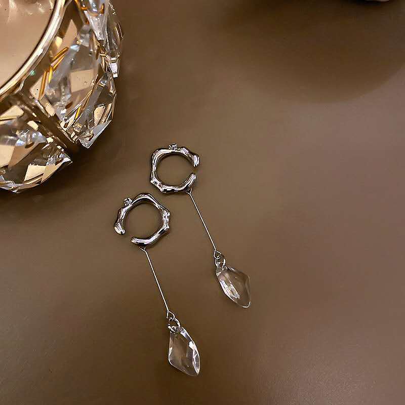 1 Đôi Bông Tai Kiểu Kẹp Hình Học Bằng Acrylic Màu Bạc Phối Tua Rua Thời Trang Cho Nữ