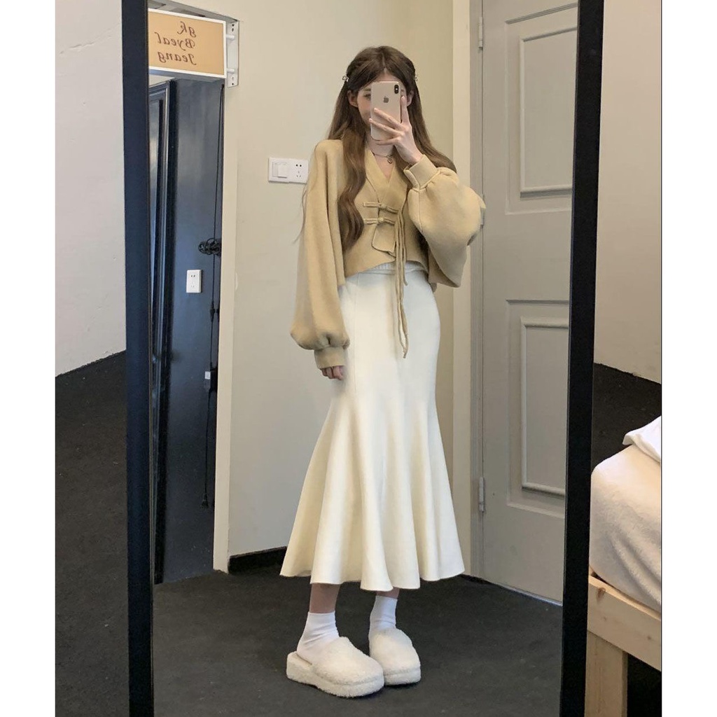 Bộ Áo Cardigan Dệt Kim + Chân Váy Đuôi Cá Phong Cách Trung Hoa Thời Trang Mùa Thu 2023 Mới Cho Nữ