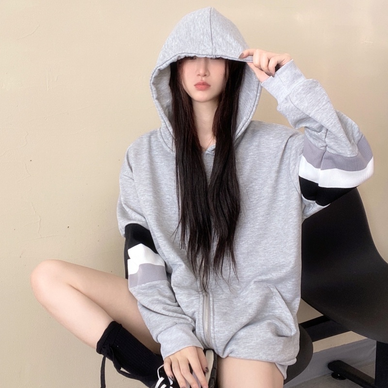 ZHELIHANGFEI Áo Khoác Tay Dài Có Nón Khóa Kéo Phong Cách Preppy Dễ Phối Đồ