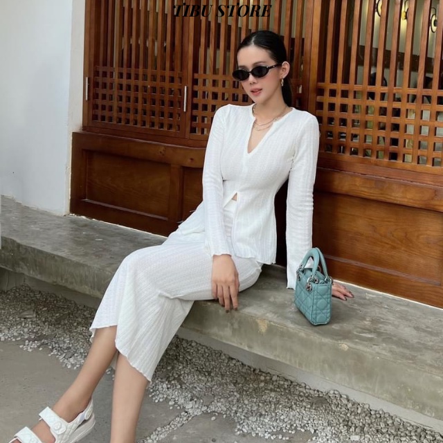 Set bộ nữ áo dài tay thun gân cổ chữ V TIBU Đầm body dáng ôm kèm áo siêu xinh sexy dành cho các nàng đi chơi, dạo phố