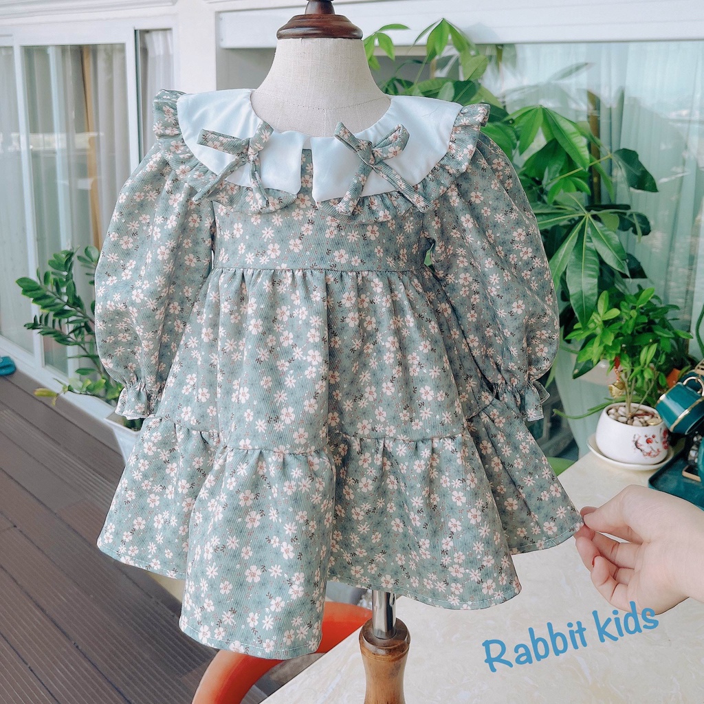 Váy Thu Đông BabyDoll Cho Bé Gái💝FREESHIP💝Rabbit Kids -Đầm Dài Tay Trẻ Em 8-32kg Nhung Tăm Hoa Xanh Mềm Mại