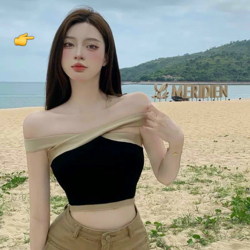 Áo kiểu croptop chéo dây cổ viền màu cực xinh , chất thun bozip mềm mịn