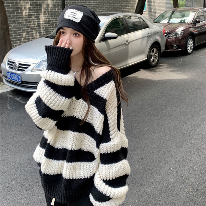 IELGY Áo Len Cổ Chữ V Dáng Rộng Họa Tiết Kẻ Sọc Phong Cách Hàn Quốc Thời Trang Cho Nữ