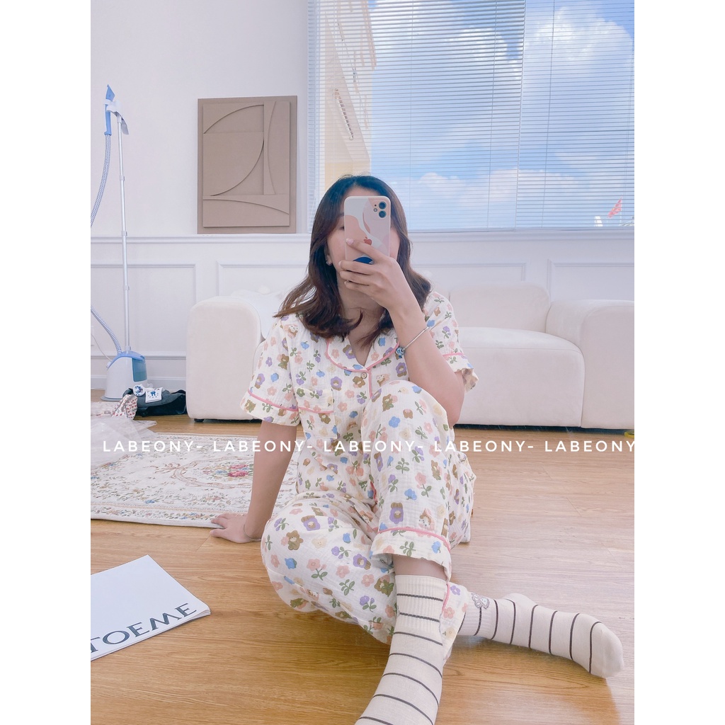 Đồ bộ nữ mặc nhà pijama ngắn dài tay gấu hoa nhí xô muslin dễ thương Labeony