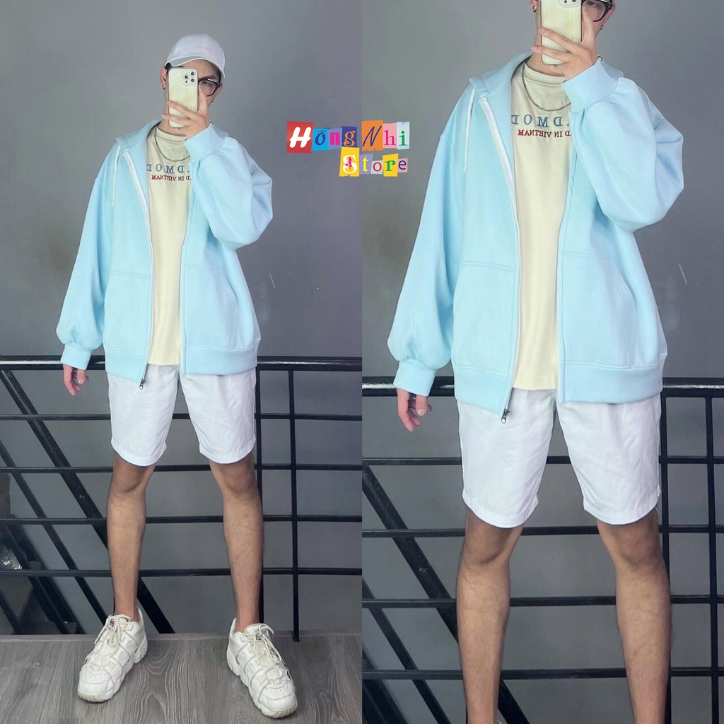 Áo Khoác Hoodie Zip Nỉ Trơn Tay Phồng Màu Xanh Ngọc Dây Kéo Dáng Rộng Nam Nữ Oversize Ulzzang Unisex - MM