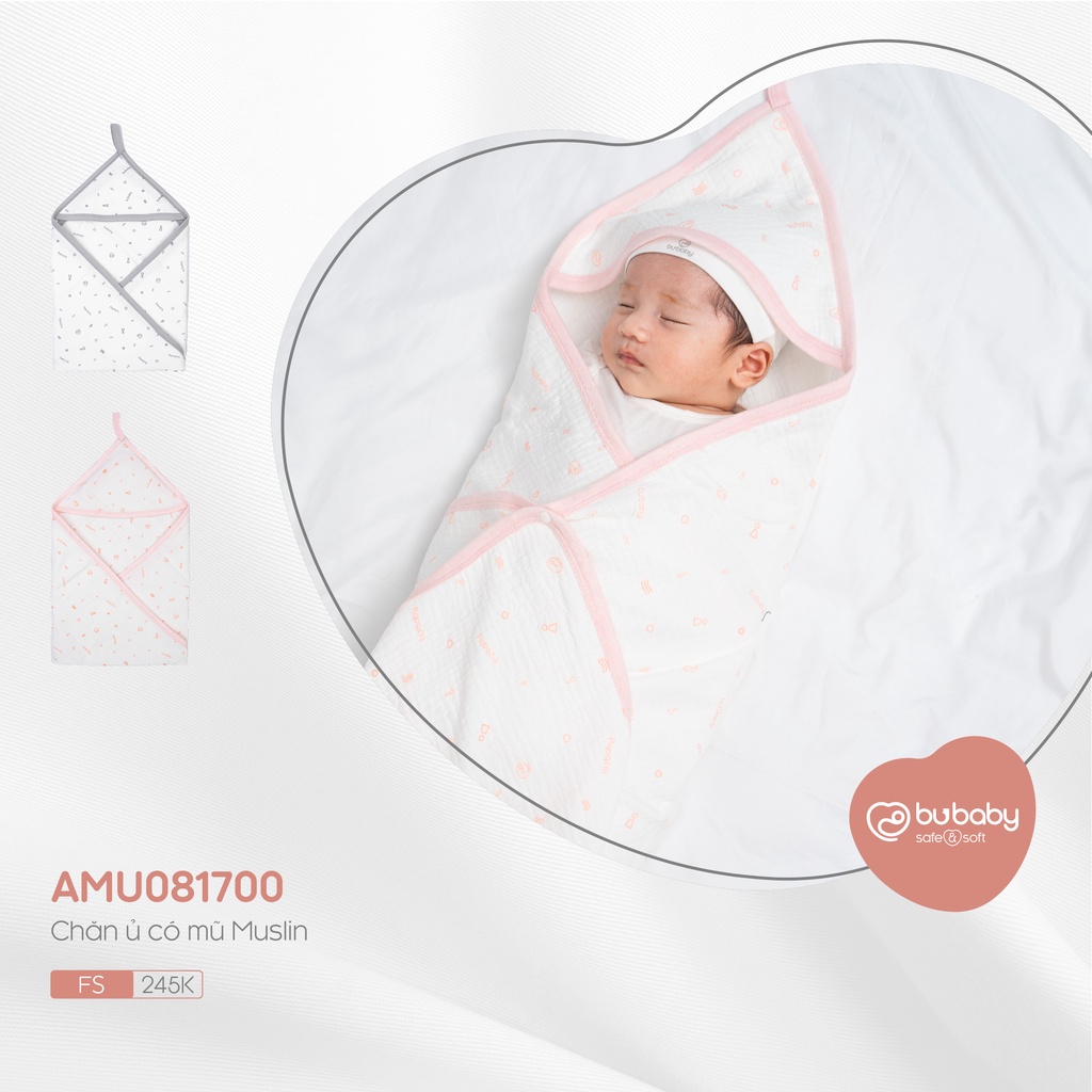 Chăn Ủ cho bé chất liệu sợi Muslin mềm mại, chăn ủ có mũ ấm áp BU Baby AMU081700