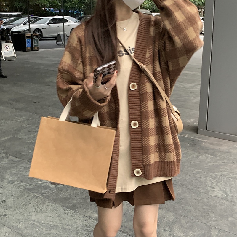 Áo cardigan khoác len nữ tay dài kẻ caro vintage nâu đen form dài rộng chất dày dặn kiểu Hàn Quốc hàng Quảng Châu C-7