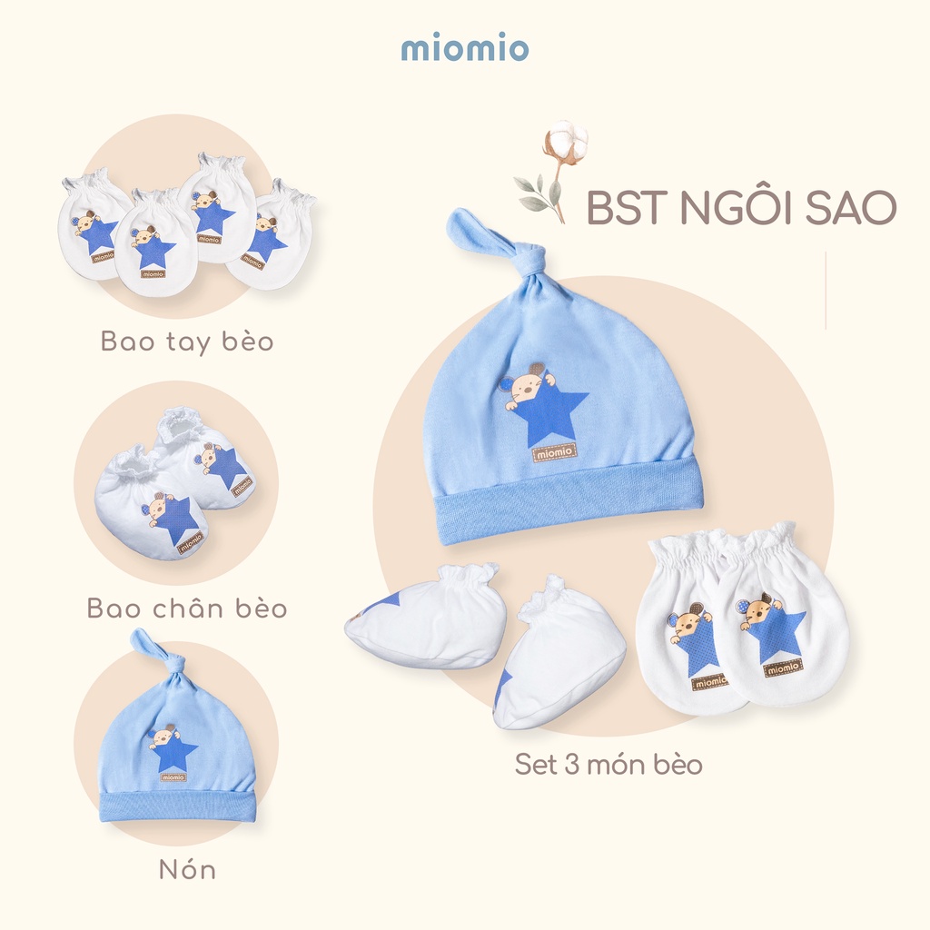 Bao Tay Bèo, Chân Bèo, Nón, Set 3 Món Phụ Kiện Bèo MIOMIO, Họa Tiết: Ngôi Sao, D&R Cho Bé Sơ Sinh, Vải Cotton