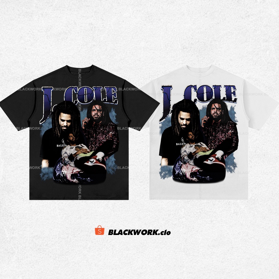 Áo Thun Vintage Rapper J Cole Tay Lỡ Unisex - Đen/Trắng Cổ Tròn | Blackwork