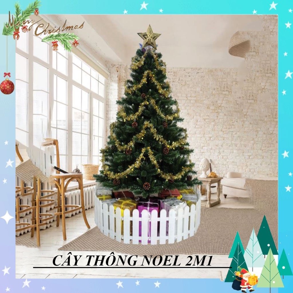 Cây thông noel 3 loại lá gắn trái thông, cây thông noel 2m1 tán lá dày trang trí giáng sinh trong nhà ngoài trời