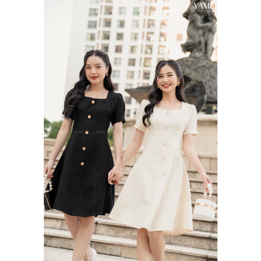 Váy dạ 2 lớp cổ vuông tay bồng màu Nâu/Trắng/Đen/Đỏ YV58 Lullaby Dress YAME