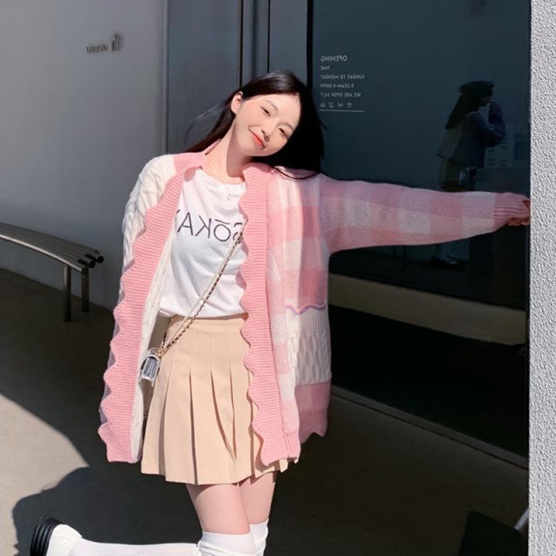 Áo Khoác Cardigan Dệt Kim Sọc Ca Rô Thời Trang Trẻ Trung Ngọt Ngào Cho Nữ 2022