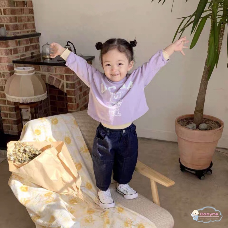 Áo Thun Dài Tay Cổ Tròn Màu Trơn In Họa Tiết Hoạt Hình Cho Bé Trai Và Gái