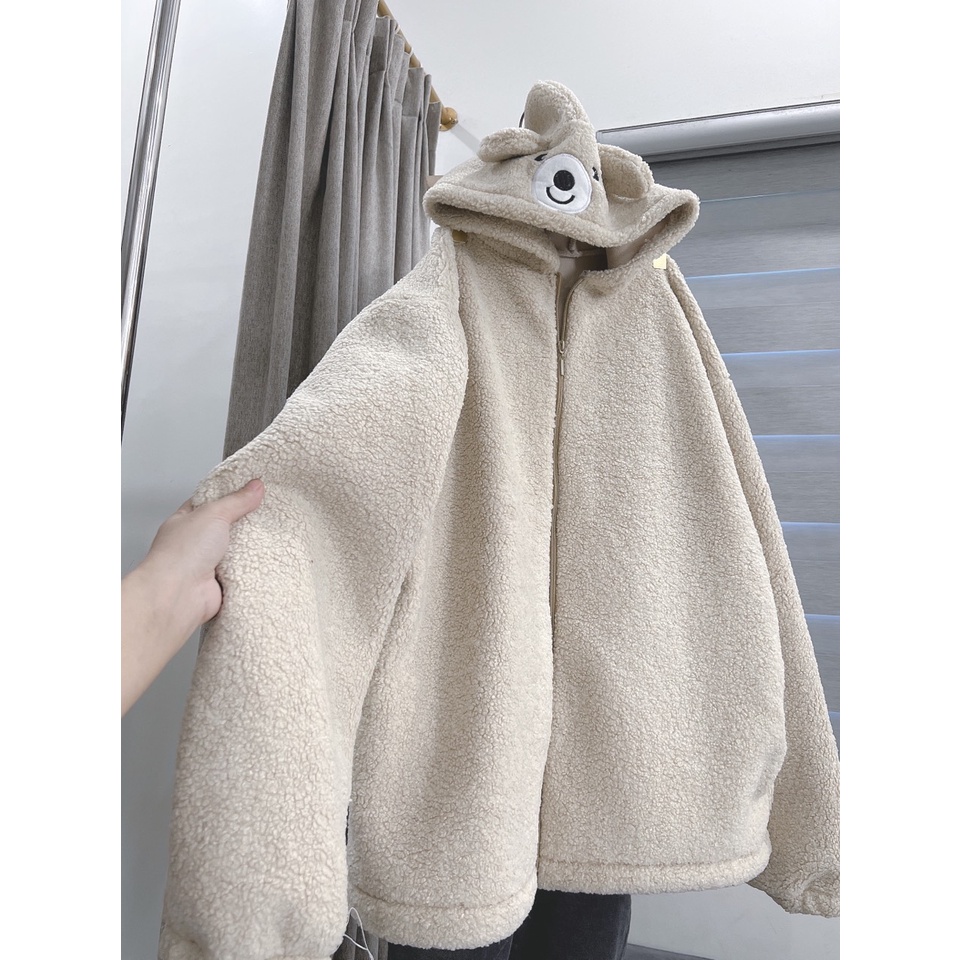 Khoác Lông Gấu Màu Be Chất Lông Dày Nam Nữ Unisex Dáng Rộng Form To