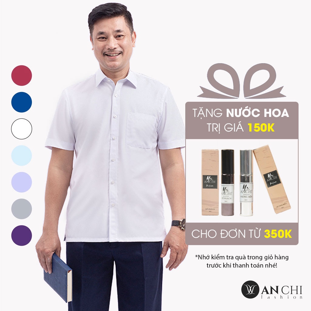Áo Sơ Mi Nam Ngắn Tay Trung Niên ANCHI Classic Cotton Trơn Màu Trắng Cao Cấp