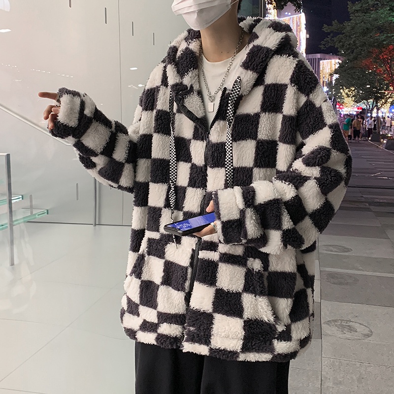Áo khoác nam dáng rộng, áo khoác lông cừu nam kẻ caro thời trang phong cách Hàn Quốc