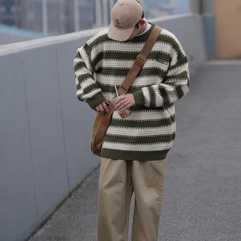 ♞AFF LIGA♞ Áo Sweater Dáng Rộng Cổ Tròn Kẻ Sọc Thời Trang Mùa Thu Cho Nam