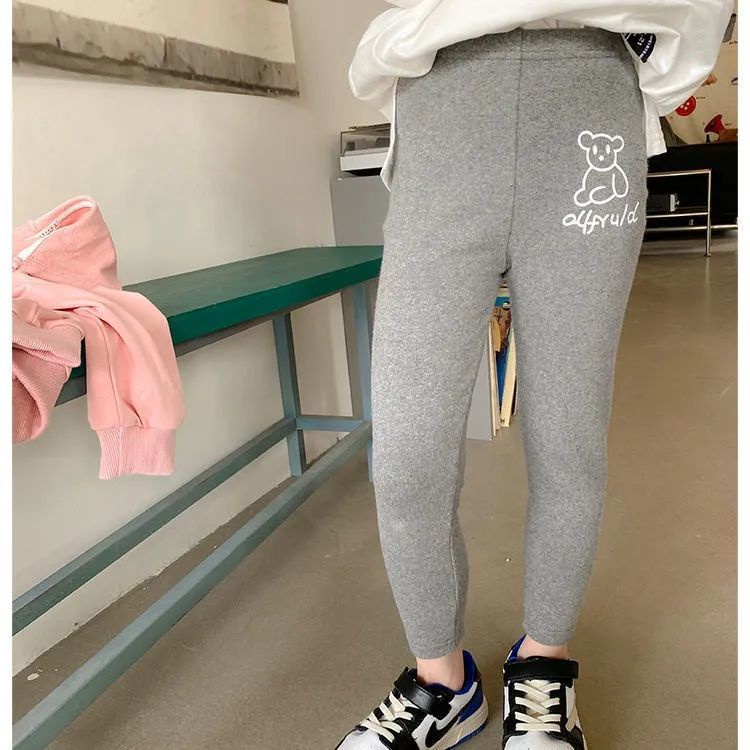 Quần legging dài MNGRL in họa tiết hoạt hình màu trơn thời trang Hàn Quốc cho bé gái