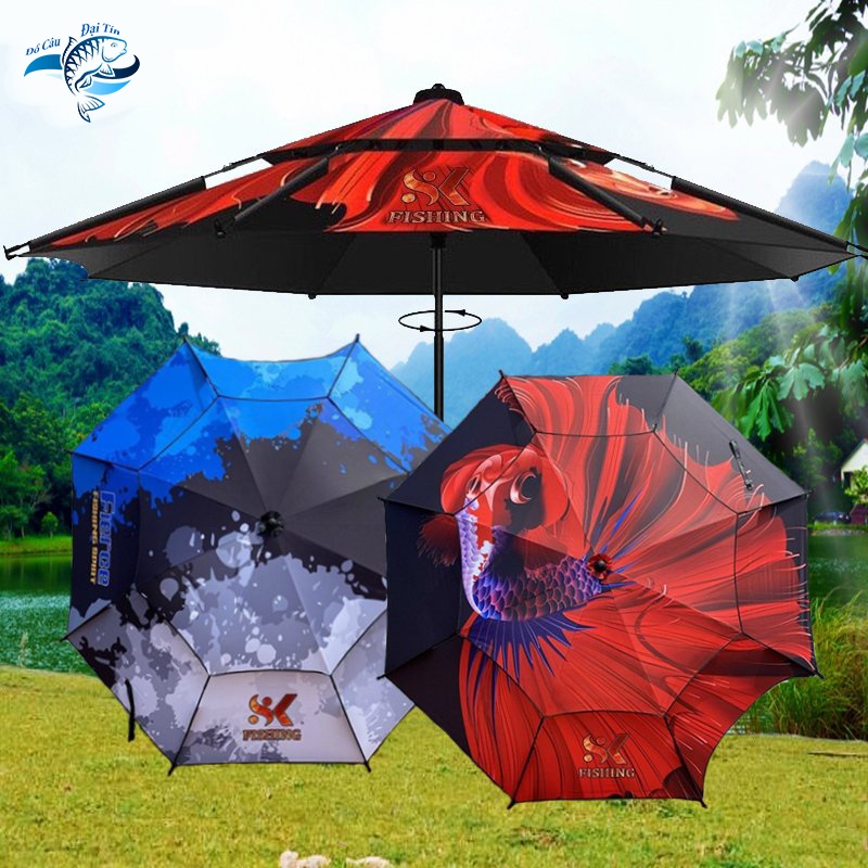 Ô Câu Cá Ô Dù Che Nắng Mưa 2 Tầng SK FISHING Cá KOI - Biển Xanh Cao Cấp Có Size 2M2 và 2.6M - Đồ Câu Đại Tín