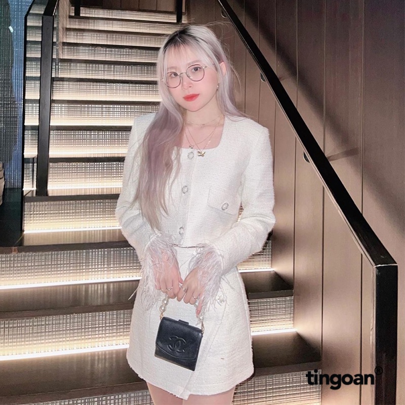 TINGOAN® - Áo khoác tweed crop nhỏ ngắn cổ vuông tay đáp lông sợi trắng CANDY FLOSS JACKET/WH