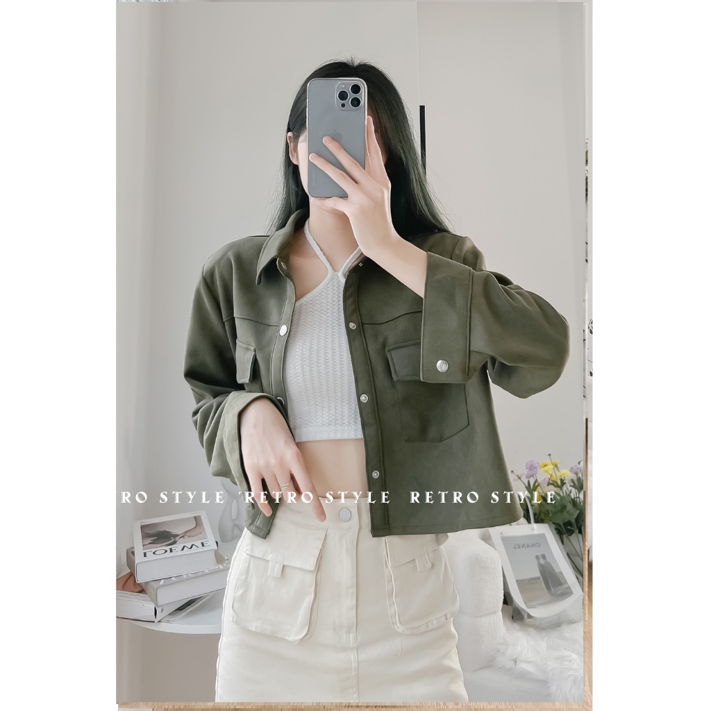 Áo khoác da lộn croptop cúc bấm mã 4461