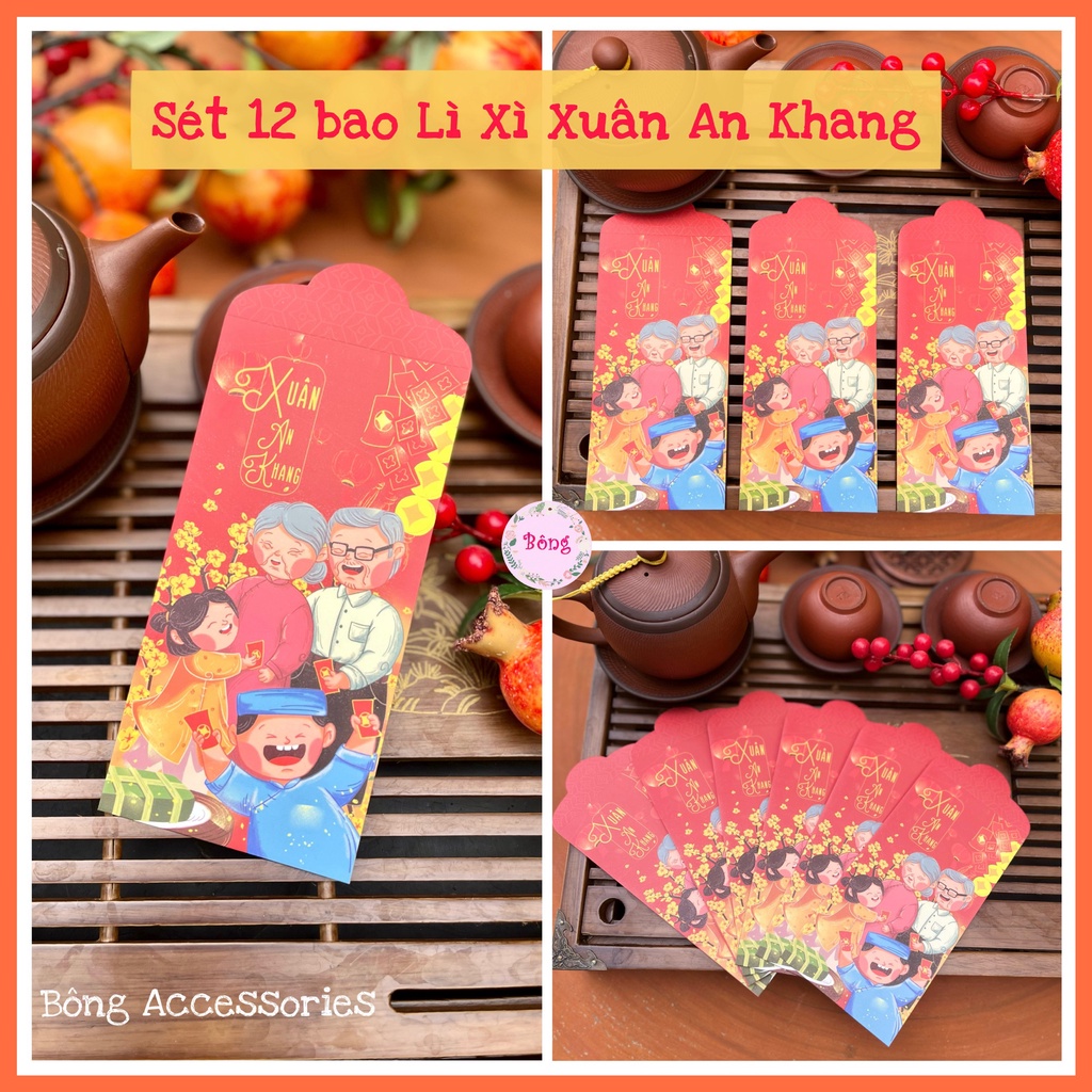 Sét 12 Bao Lì Xì TẾT THIẾT KẾ đặc sắc - Hình xuân sum vầy - Giấy C150 cán mờ in sắc nét
