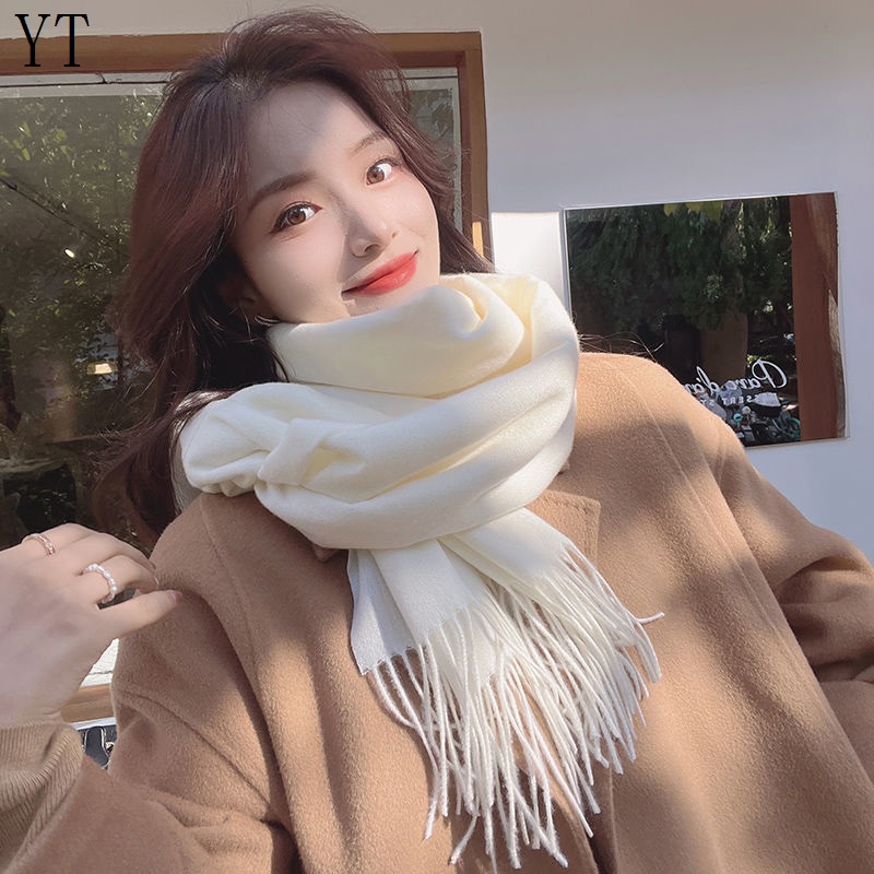 Khăn Choàng Cổ Vải Cashmere Cao Cấp Dày Dặn Màu Trắng Sữa Dễ Phối Đồ Phong Cách Nhật Bản