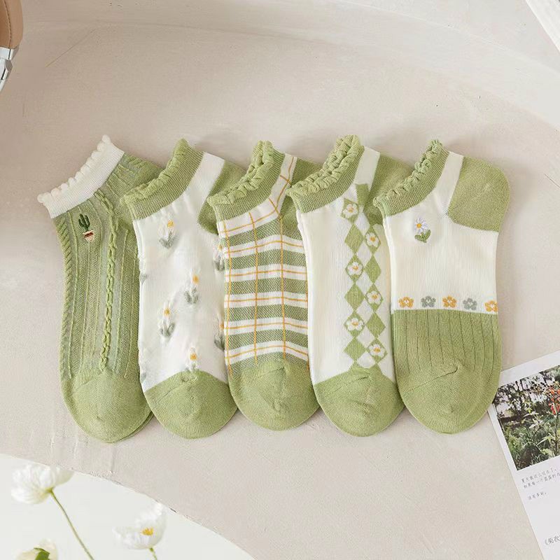 Set 10 Đôi Tất Cotton Cổ Bèo Phối Kể Hoa Xanh kèm Túi Zip