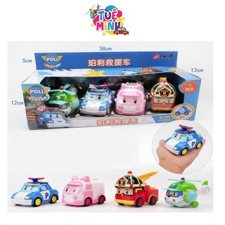 Bộ 4 xe ô tô Robocar Poli chạy đà Xe ô tô đồ chơi cảnh sát poli, máy bay heli, xe cứu thương amber, xe cứu hoả roy