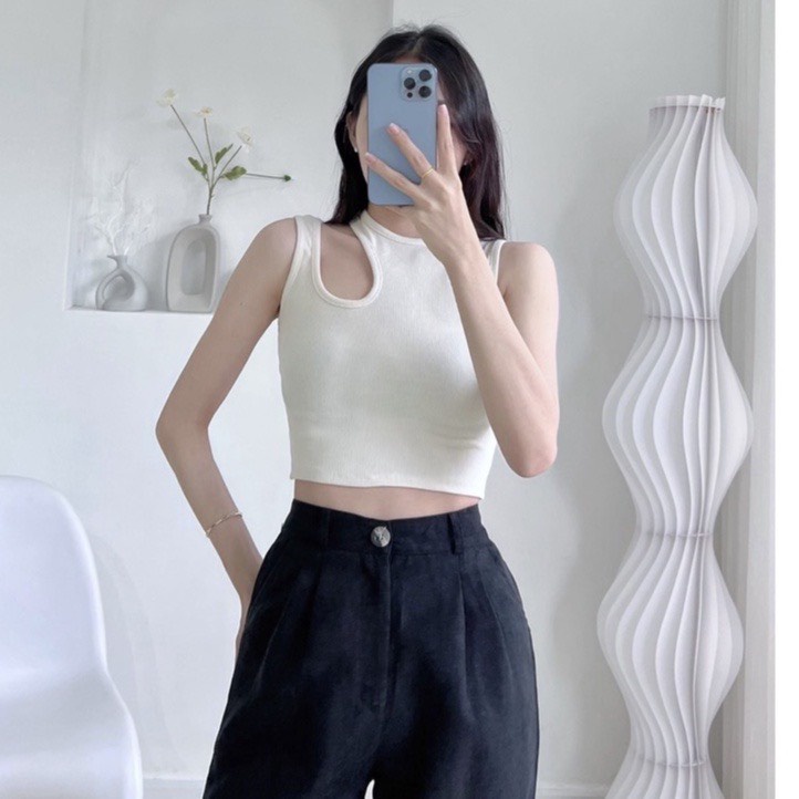 Aó croptop khoét vai sát nách chất vải thun gân co giản tốt