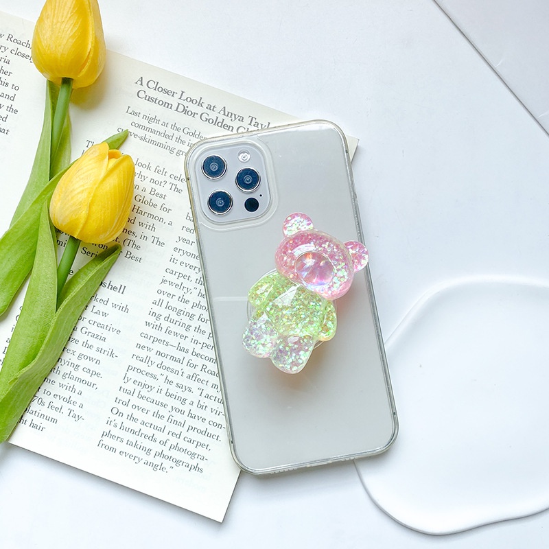 Ins Giá Đỡ Điện Thoại Cầm Tay Màu Trơn Hình Gấu Lấp Lánh Trong Suốt Twinkle