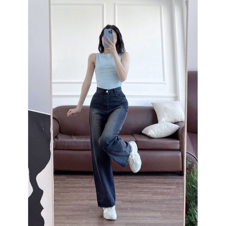 Quần Jeans ống rộng lưng cao Ulzzang hàng cao cấp, Quần Simple Jeans ống rộng cạp cao rách gối