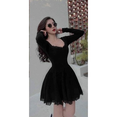 Váy đầm Xòe Phối Ren Tay Dài Kiểu Dáng Hàn Quốc trẻ trung, hot trend freesize