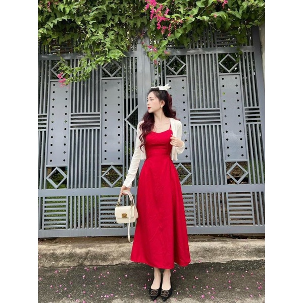ĐẦM 2S MIDI ĐỎ KÈM KHOÁC CROP TRẮNG