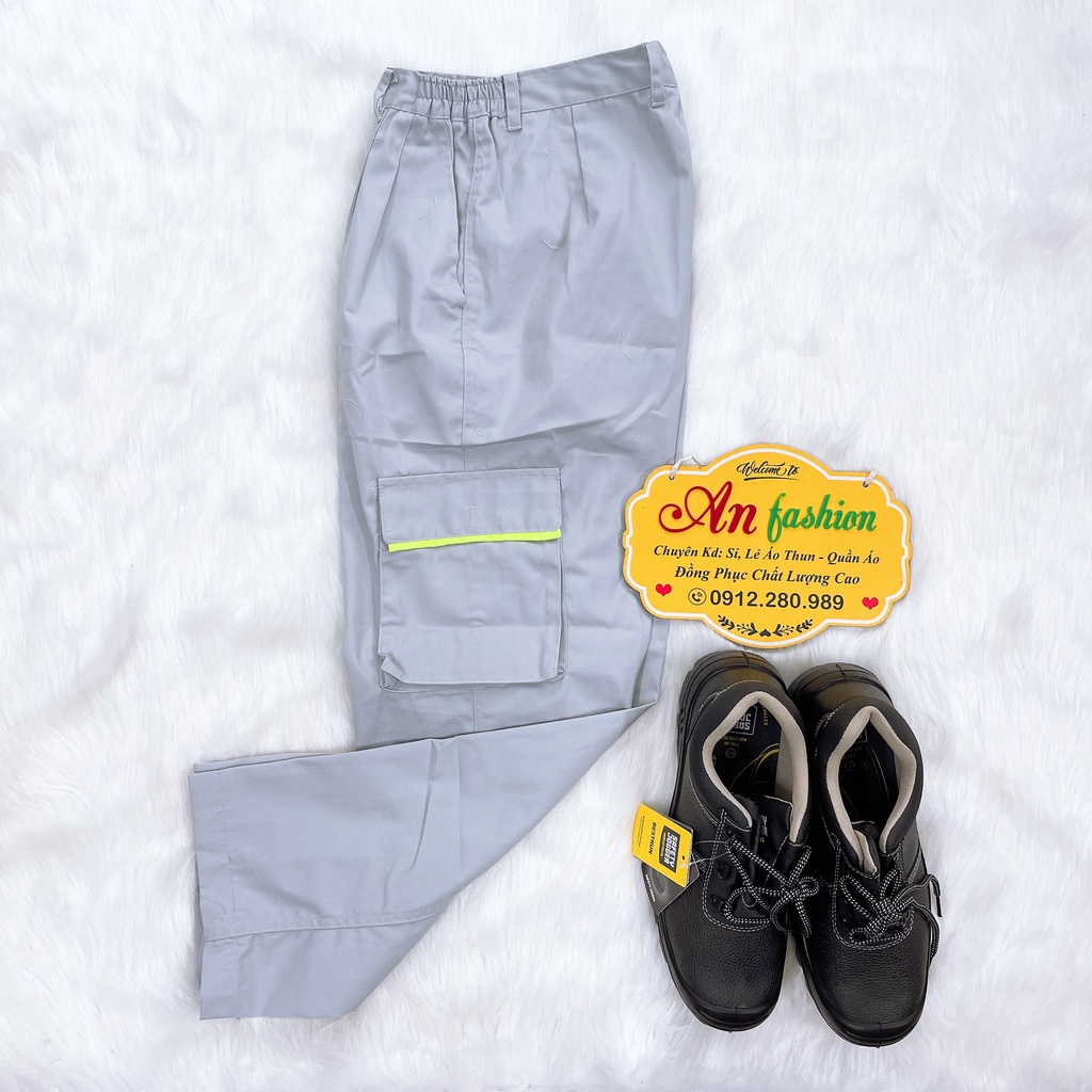 Đồ bảo hộ lao động, Quần áo công trình vải kaki may đẹp màu xám phối xanh tay ngắn _ Hình chụp thật