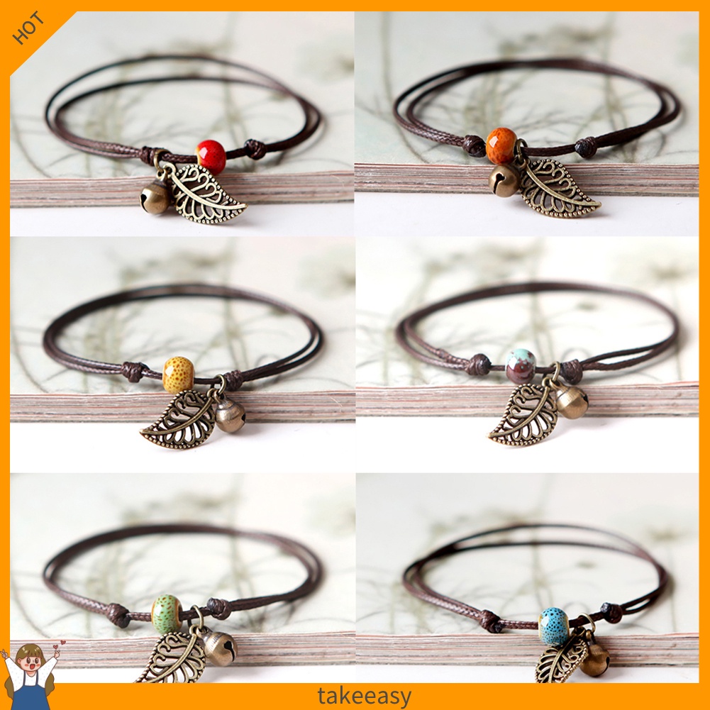 Vòng tay xỏ hạt cườm bằng gốm mặt hình chiếc lá phong cách vintage cho cặp đôi