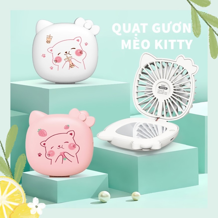 Quạt Mini Kèm Gương Soi Cầm Tay Du Lịch Tiện Lợi Siêu Đẹp Tặng kèm dây cable sạc pin Thiên Thần Nhỏ
