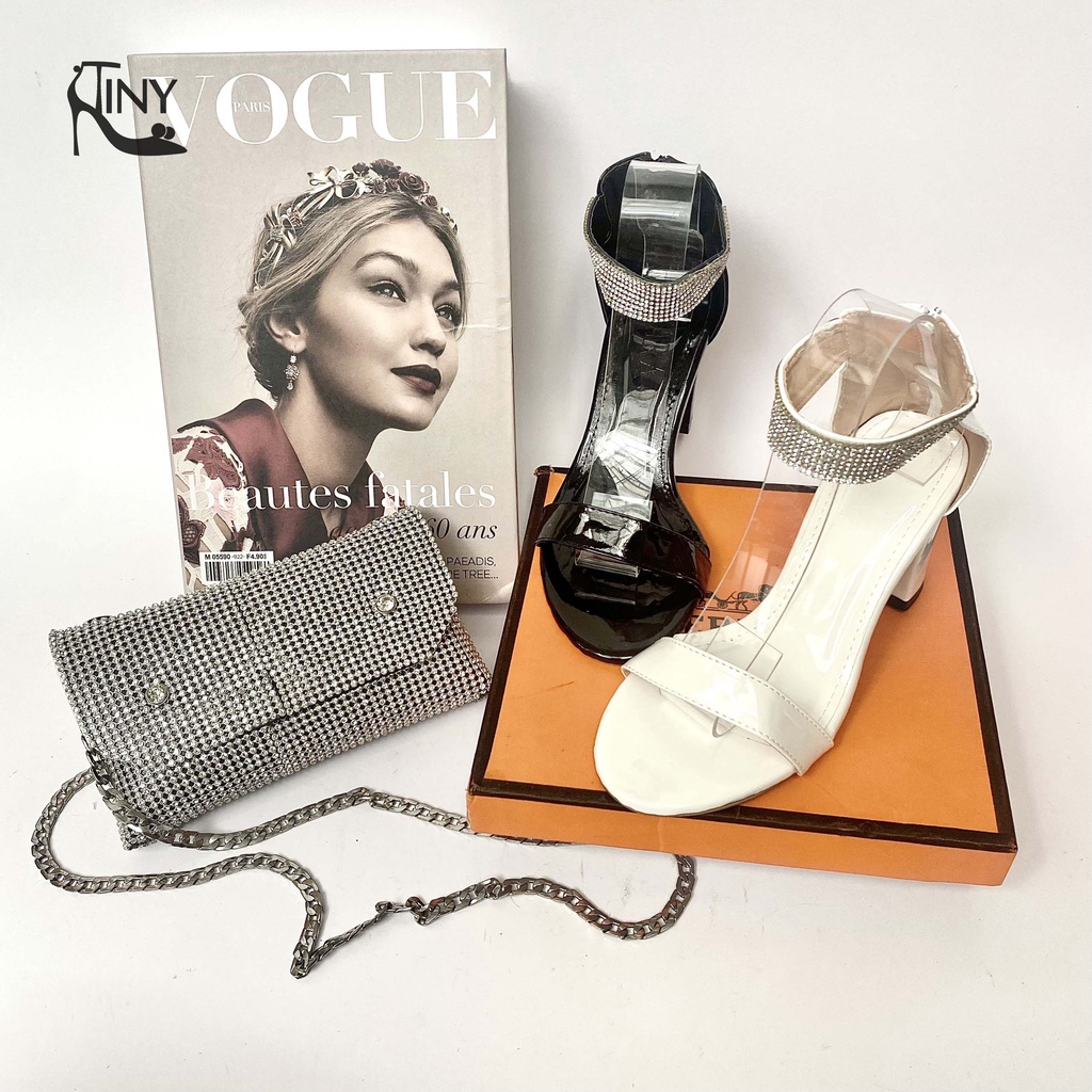 Guốc cao gót nữ kiểu Sandal mũi tròn quai ngang gót bọc 7 phân cao cấp chính hãng - TiNy Shoes