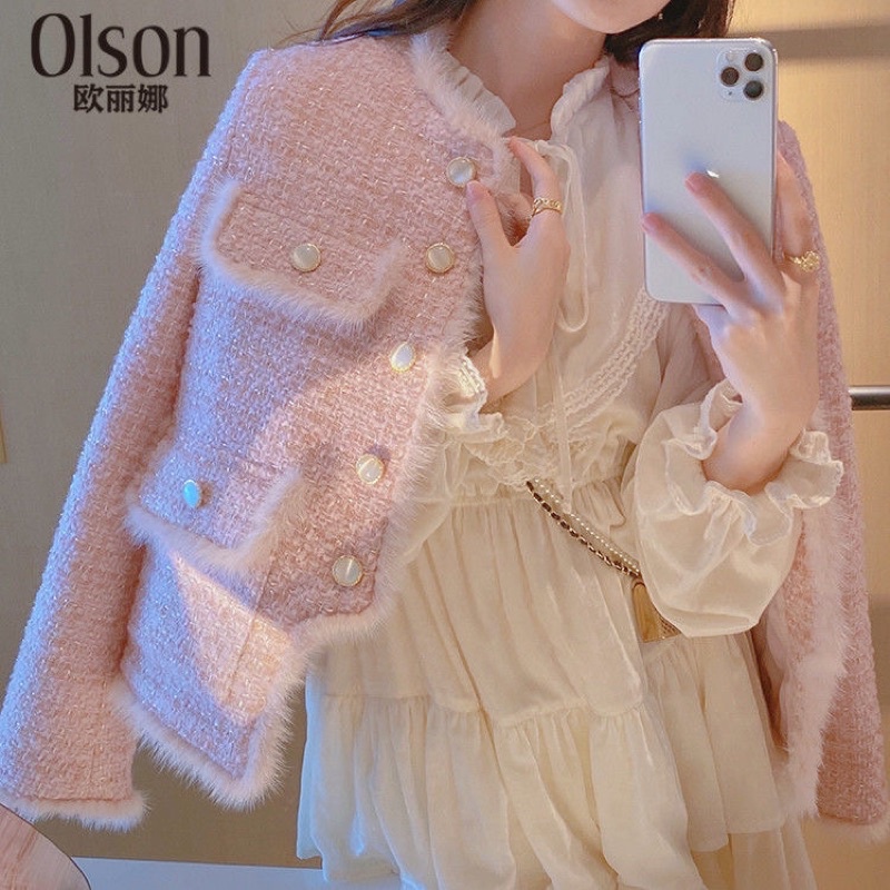 Áo dạ tweed màu hồng dáng ngắn pastel hàng quảng châu cao cấp-D01