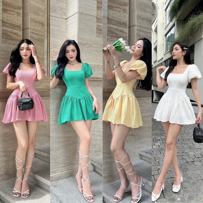 Đầm gân cổ vuông cột lưng form xòa 4 màu