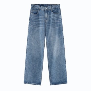 Quần jeans dáng baggy cạp cao eo mix chun xanh wash basic