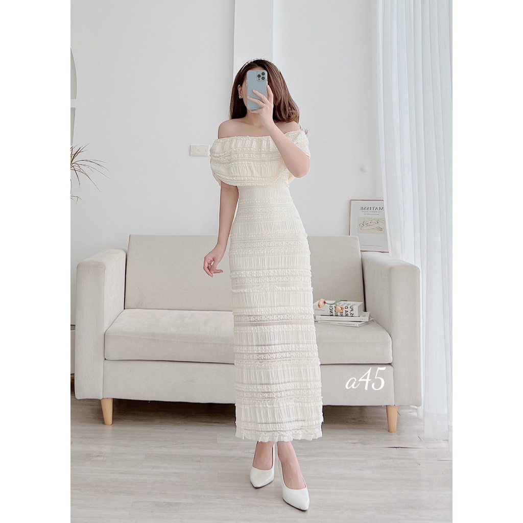 Đầm váy ren cao cấp trễ vai dáng dài kiểu dáng dự tiệc thanh lịch 2 màu Đen và Kem