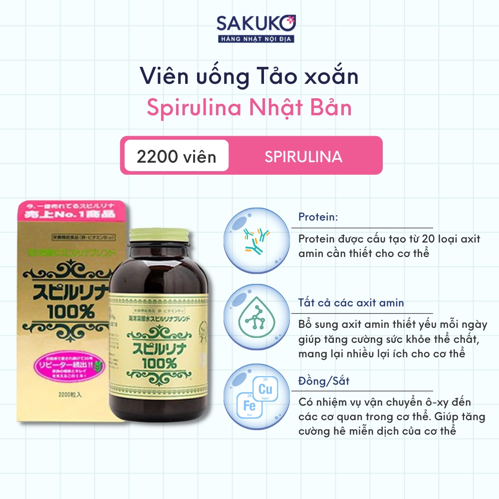 Tảo xoắn Spirulia Sakuko nội địa Nhật làm đẹp da bổ sung chất dinh dưỡng 1500 viên