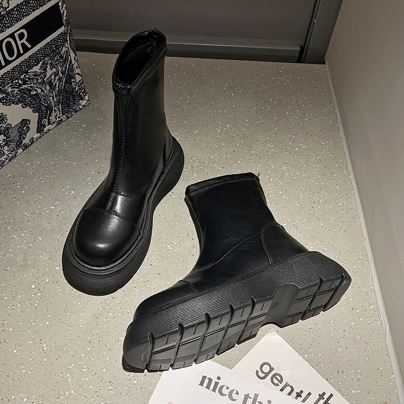 Giày Bốt Da Mềm Gót Dày Mũi Tròn Thời Trang Cho Nữ