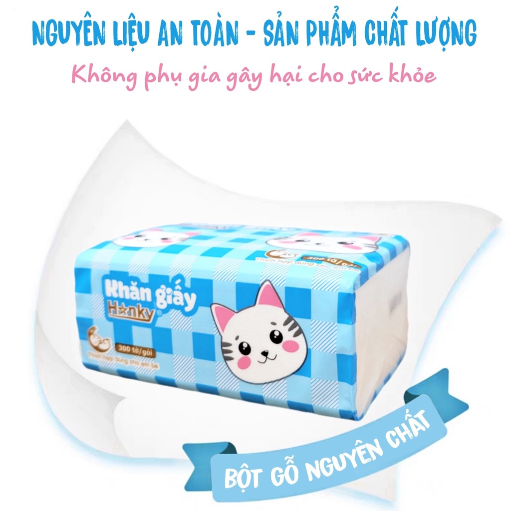 Một Gói Giấy Ăn Con Mèo Trắng HANKY 300 Tờ 4 Lớp Siêu Dai Mềm An Toàn Với