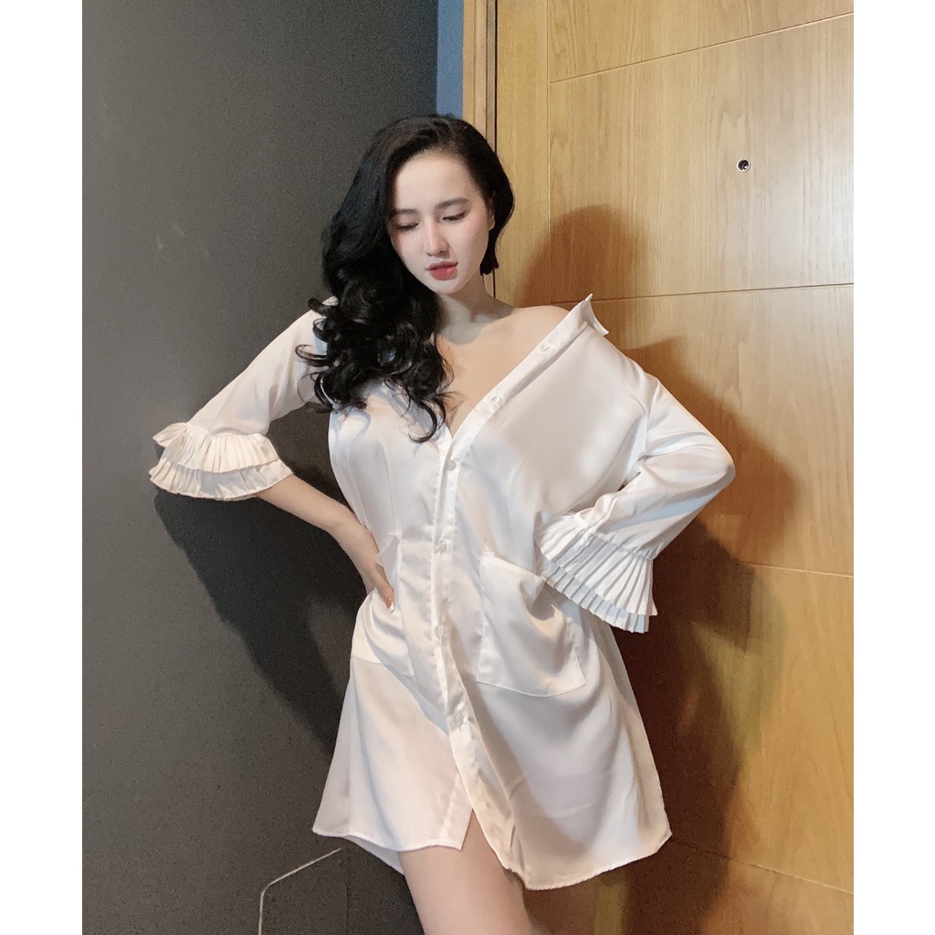 Váy ngủ lụa dễ thương dài tay mặc nhà đầm ngủ sơ mi tay phối dập ly Freesize Thỏ's Boutique